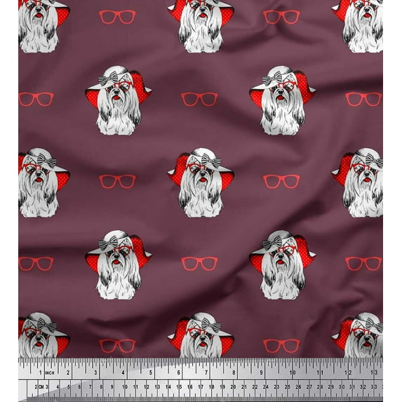 Soimoi Velvet Fabric Hat,Specs & Lhasa Apso Dog Printed Fabric 1 Yard 58 Inch Wide