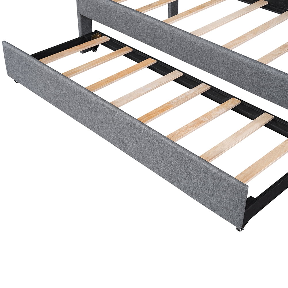 Kadyn Double Upholstered Platform Bed with Rollers, Modern Bedroom Twin, Grey Kadyn Double Upholstered Platform Bed with Rollers, Modern Bedroom Twin, Grey