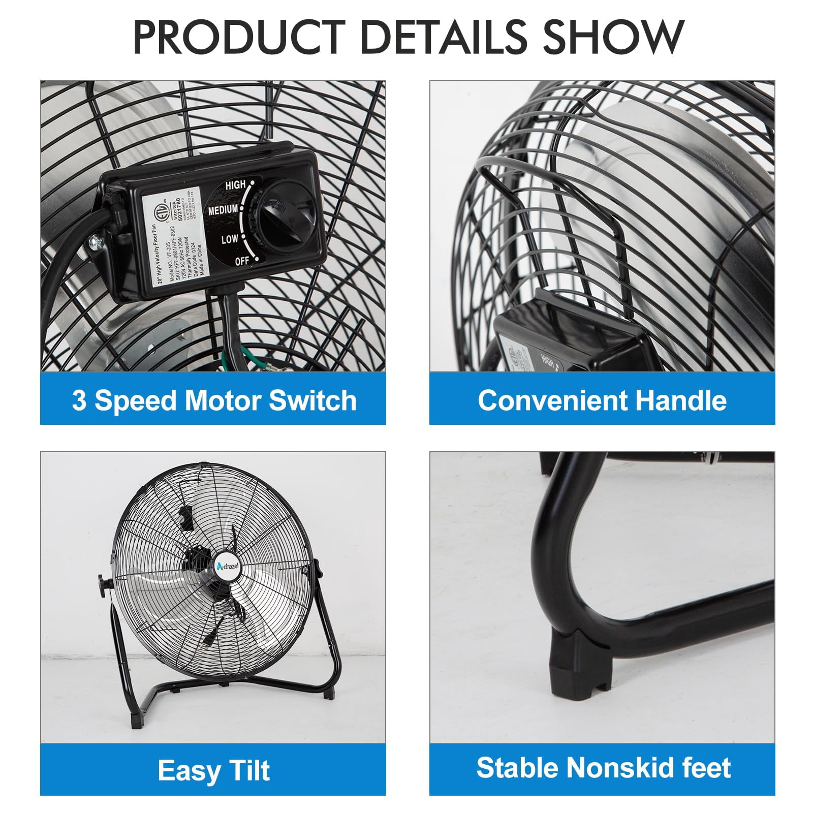 Achazel 20" High Velocity Floor Fan 3-Speed 4650 CFM Industrial Shop Fan Heavy Duty Metal with Wall Mount System for Garage Workshop Commercial Use