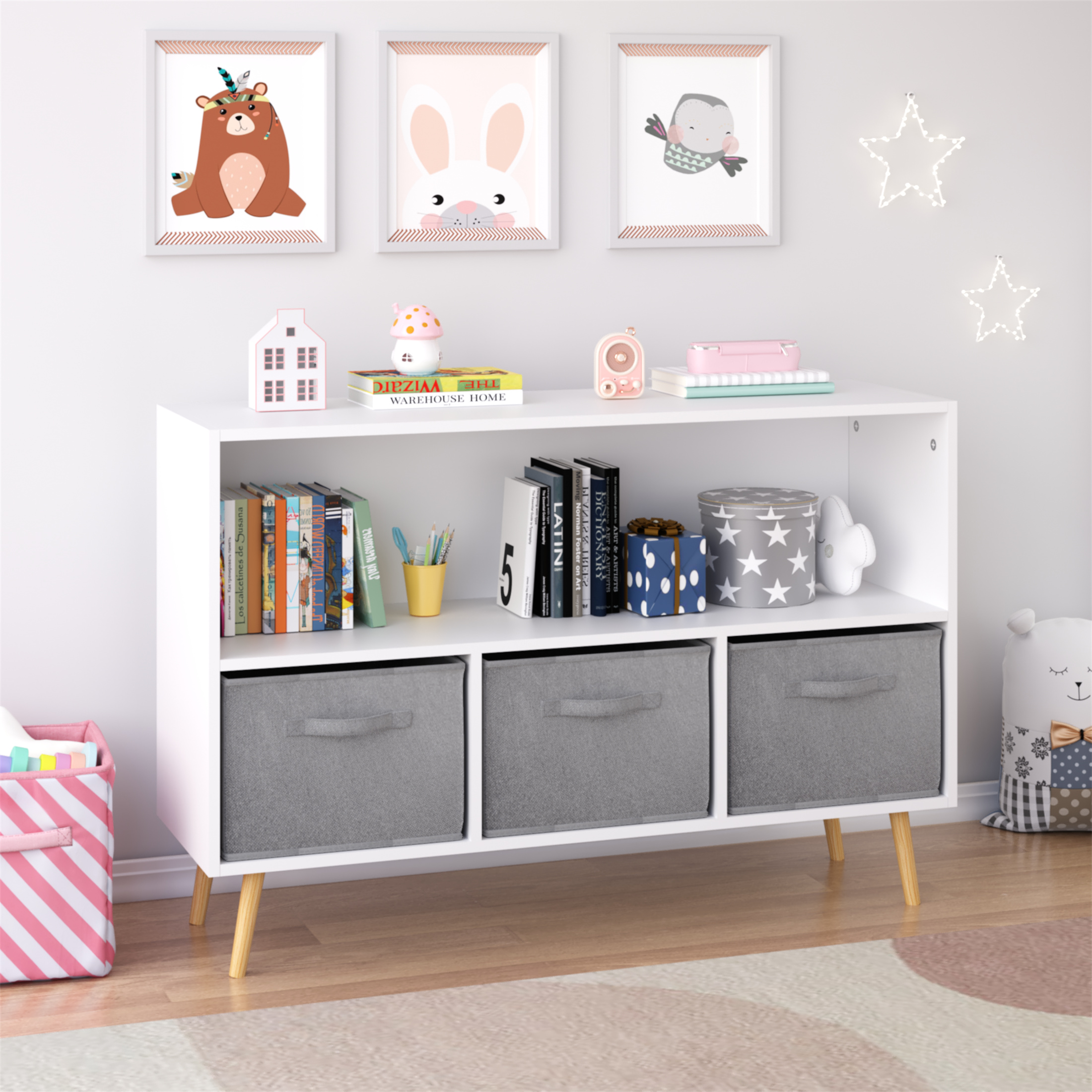 bookcase with Collapsible Fabric Drawers, Book Display, Toy Storage Cabinet Organizer 35.43*10.62*23.62 white
