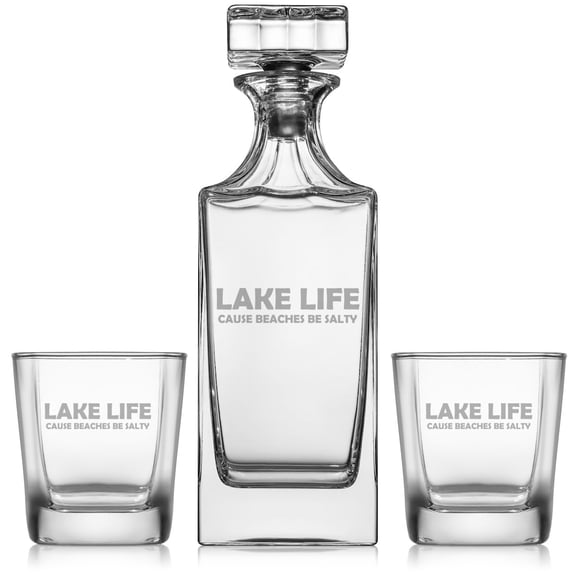 Whiskey Decanter Gift Set With 2 Whiskey Old Fashioned Rocks Glasses Lake Life Funny