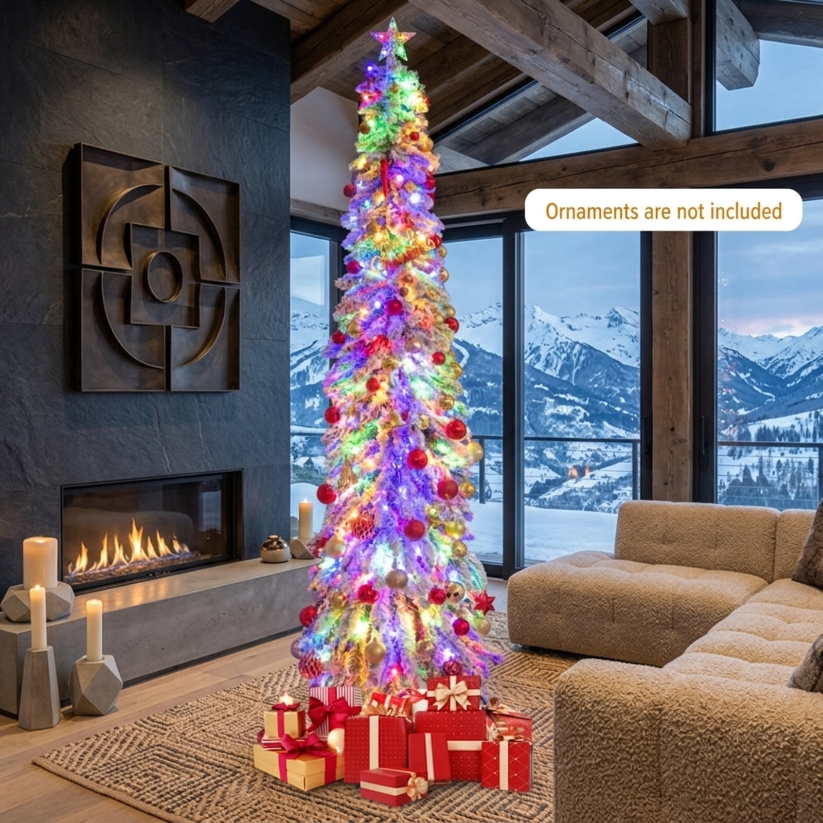 RUIE 6 ft Snow-Flocked Pencil Christmas Tree, Pre-Lit Slim Green White Xmas Tree with 250 Dual-Color LED Lights, 11 Modes, Timer