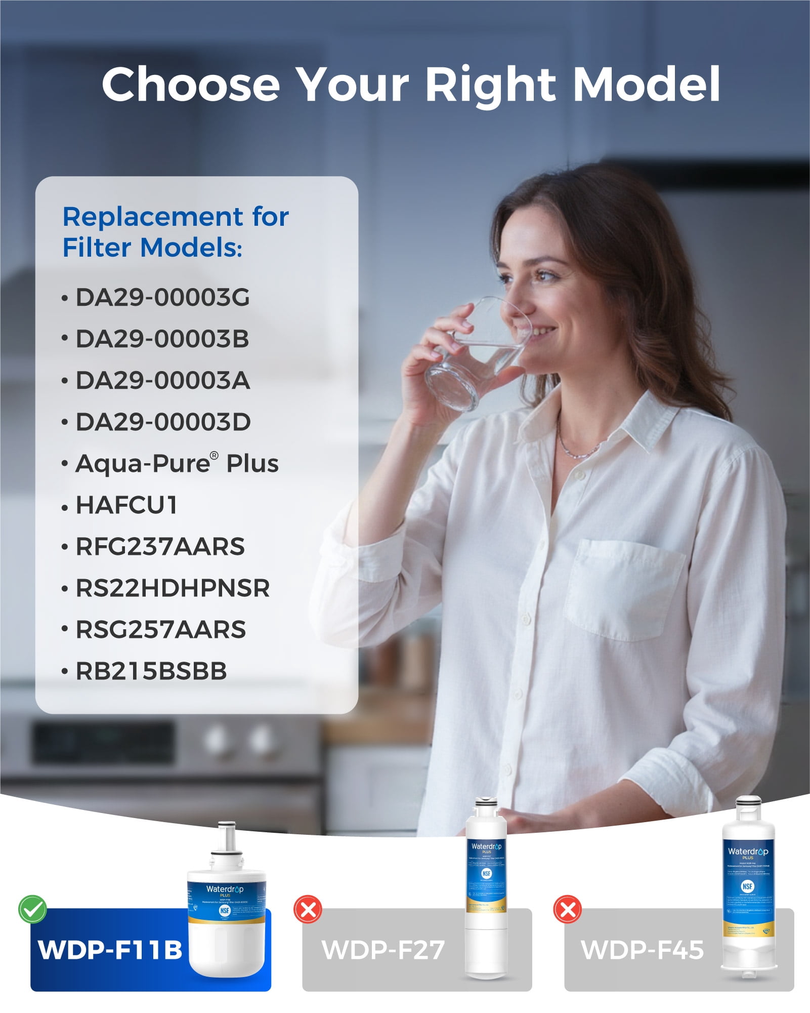 Waterdrop Plus F11 Refrigerator Water Filter, Replacement for Samsung® DA29-00003G, DA29-00003B, DA29-00003A, Aqua-Pure Plus, HAFCU1, 2 Filters (Package May Vary)