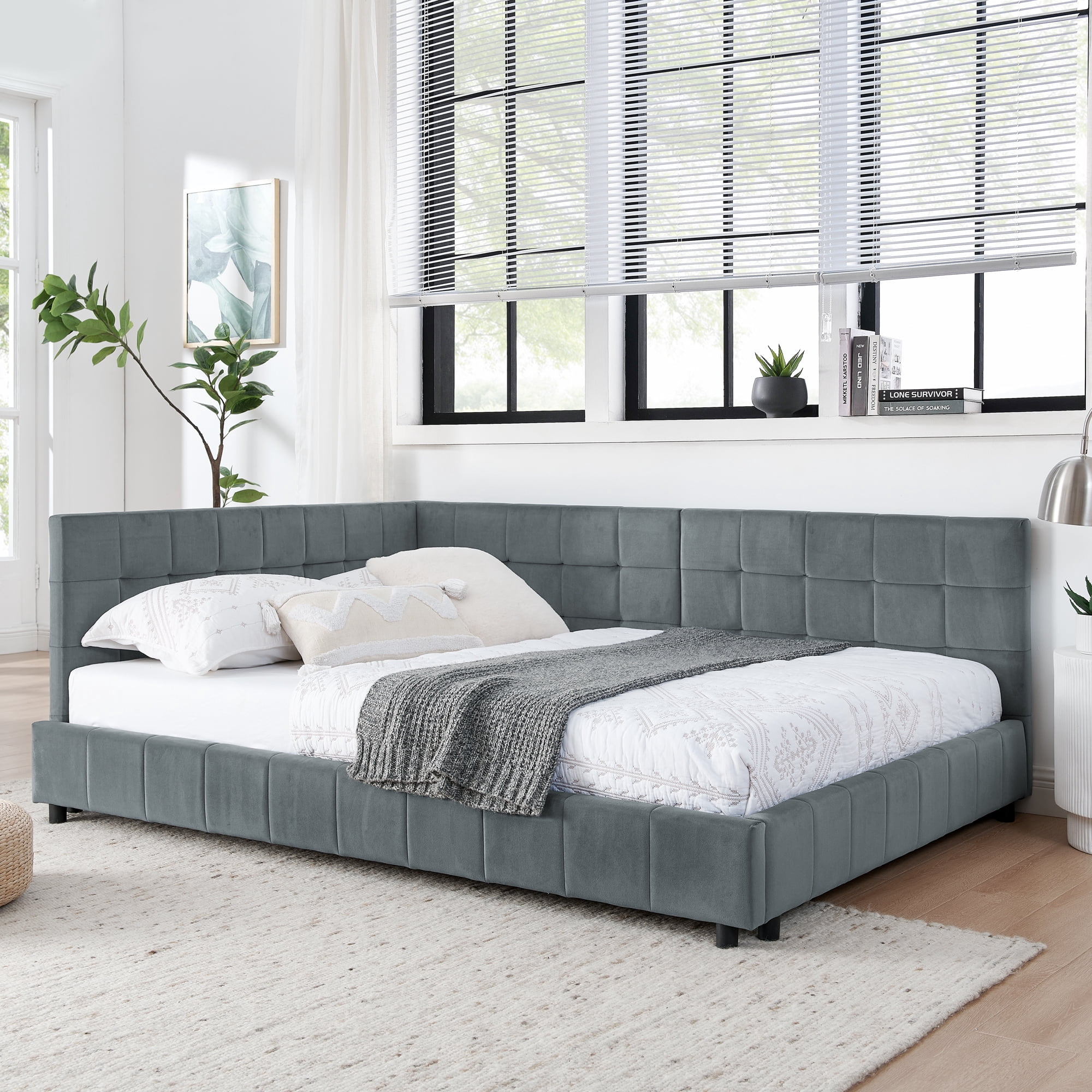 Full Size Upholstered Tufted Bed Frame, Sofa Bed Frame with Comfortable Backrest and Armrests, Full Size Bed for Bedroom, Living Room,Velvet