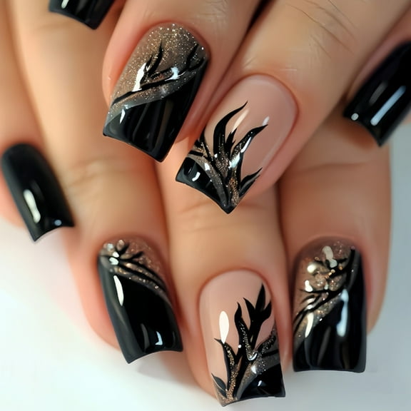 24pcs Square Nails - Black Simple Shiny Surface Wearable Nail Art, Sweet - cool Glitter Leaf Striped False Nails