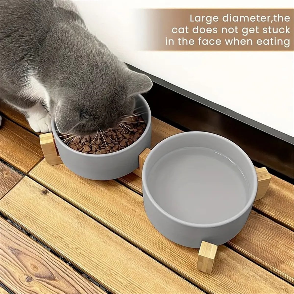 Ceramic Dog and Cat Bowl with Wood Stand Non-Slip Matte Glaze Weighted Food Water Set for Cats &Small Dogs 13.5OZ
