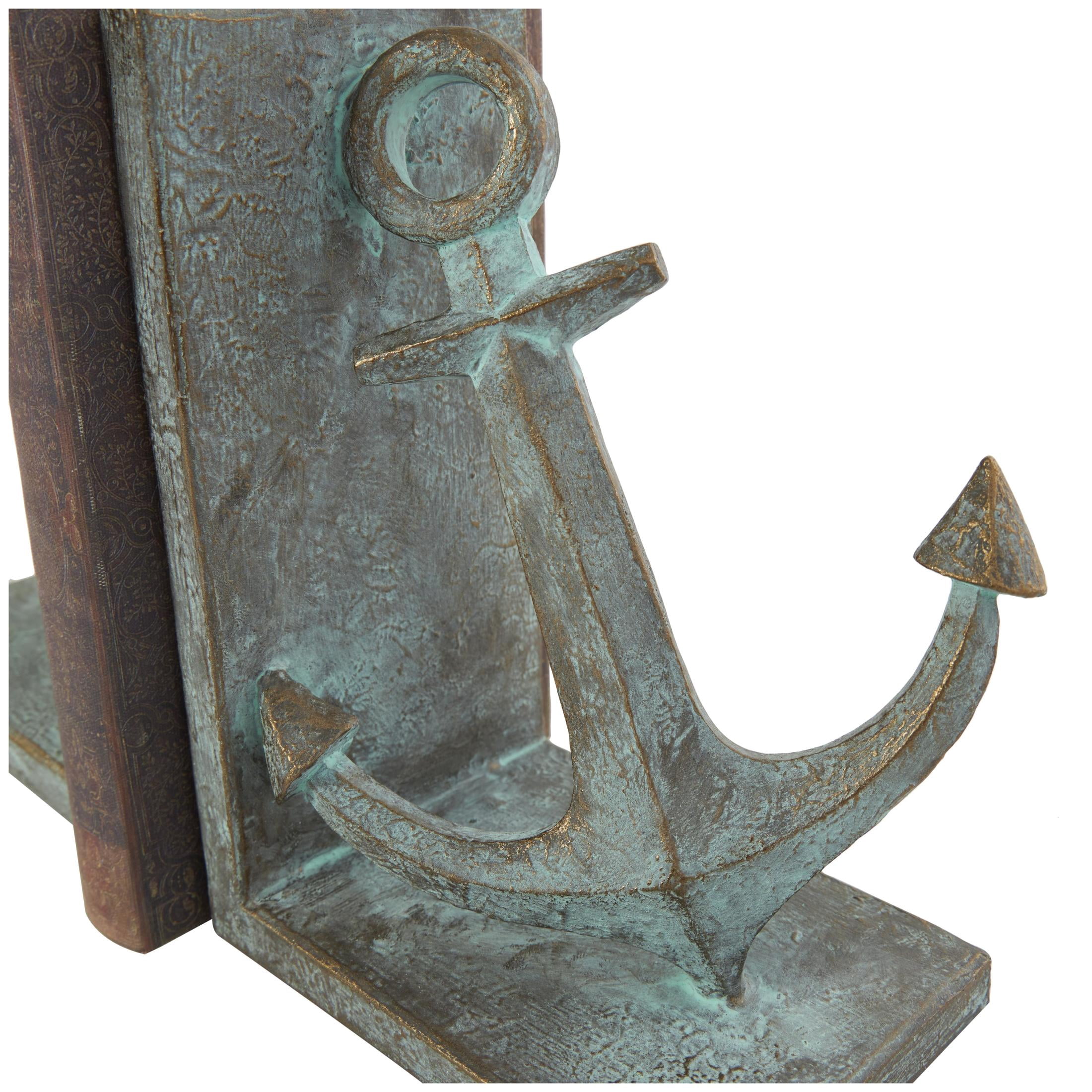 DecMode 4" Distressed Patina Anchor Blue Polyresin Bookends with Gold Foil Accents (Set of 2)