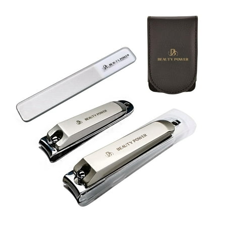 Beauty Power Nail Clippers Set 3 in 1 – Stainless Steel Toe Nail Clippers Fingernail Clipper Glass Nail File Anti Splash Ergonomic Grip in PU Leather Travel Case for Men & Women (Black)