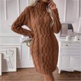 thumbnail image 5 of CharmCyan Women’s Turtleneck Long Sleeve Cable Knit Sweater Dress Pullover Casual Loose Fit Winter Knitwear Jumper Dress Brown M, 5 of 6