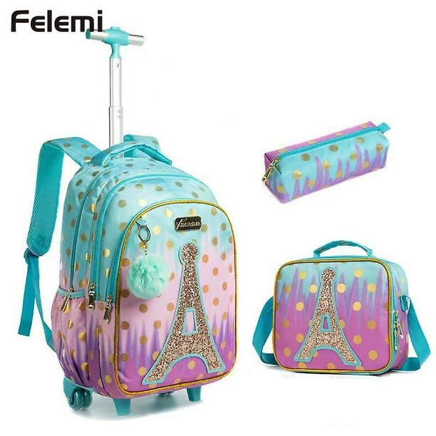 Children School Bags For Girls With Wheels Trolley Bag With Lunch