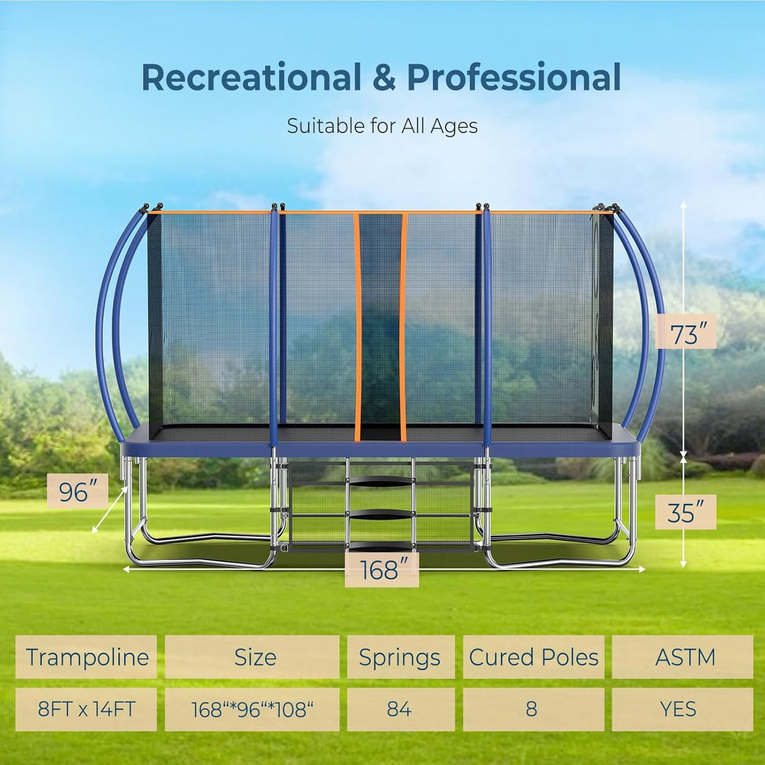 CZBZ Trampoline, 8X14FT Rectangle Trampolines with Enclosure Net for Kids and Adults, 1400LBS Outdoor Trampoline with Basketball Hoop, Ladder and AntiRust Round Backyard Rectangular Trampoline