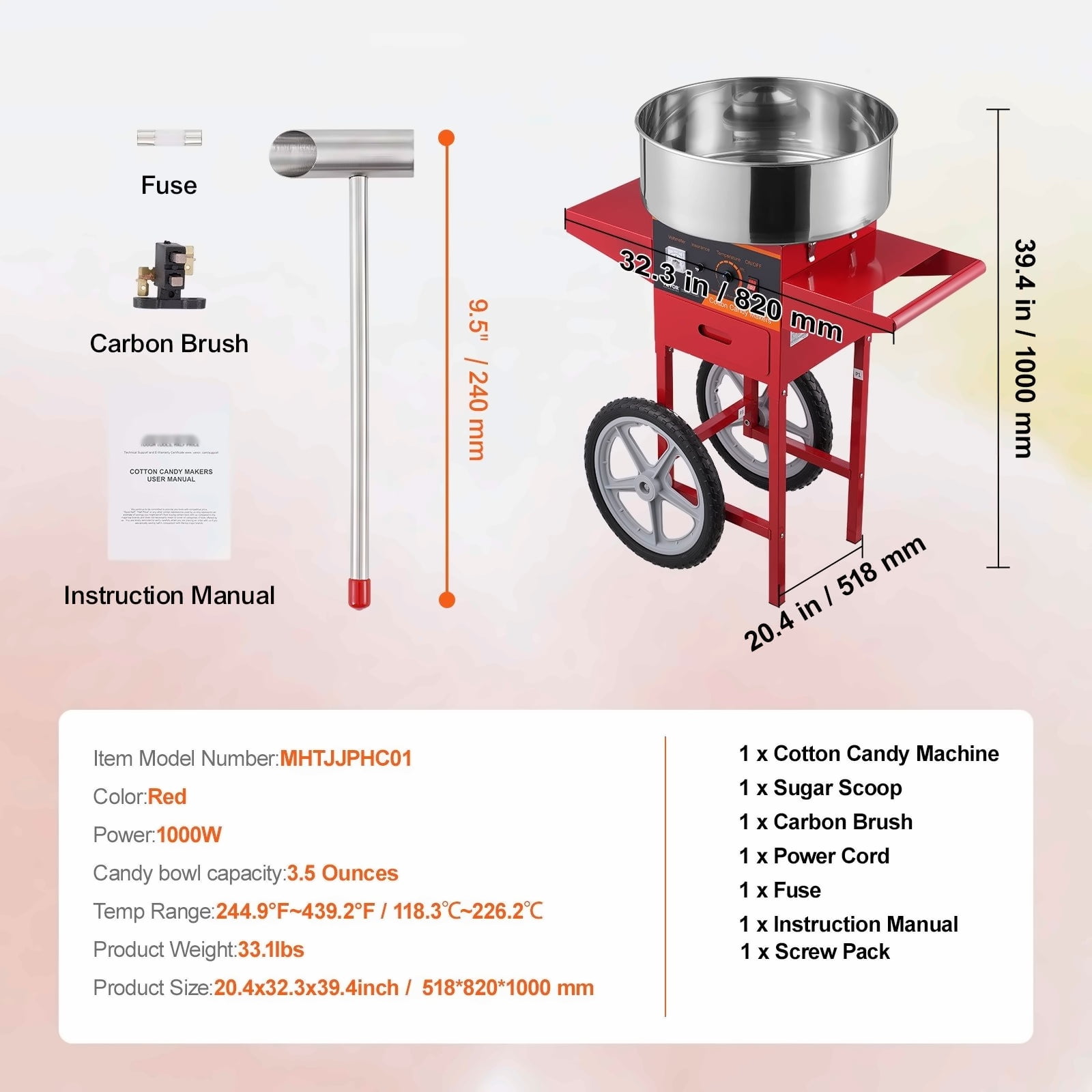 Cotton Candy Machine Commercial, 1000W Candy Floss Maker with Cart, Stainless Steel Bowl, Sugar Scoop, Red - for Parties, Events, Home Use