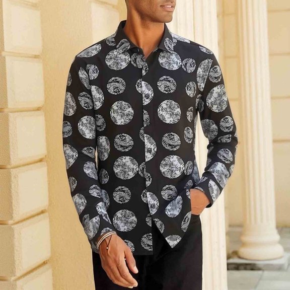 Zysthvn Casual Collared Shirts for Men Vacation Fall Long Sleeve Tshirts for Men Printed Turn Down Collar Comfy Button Stretch Tops