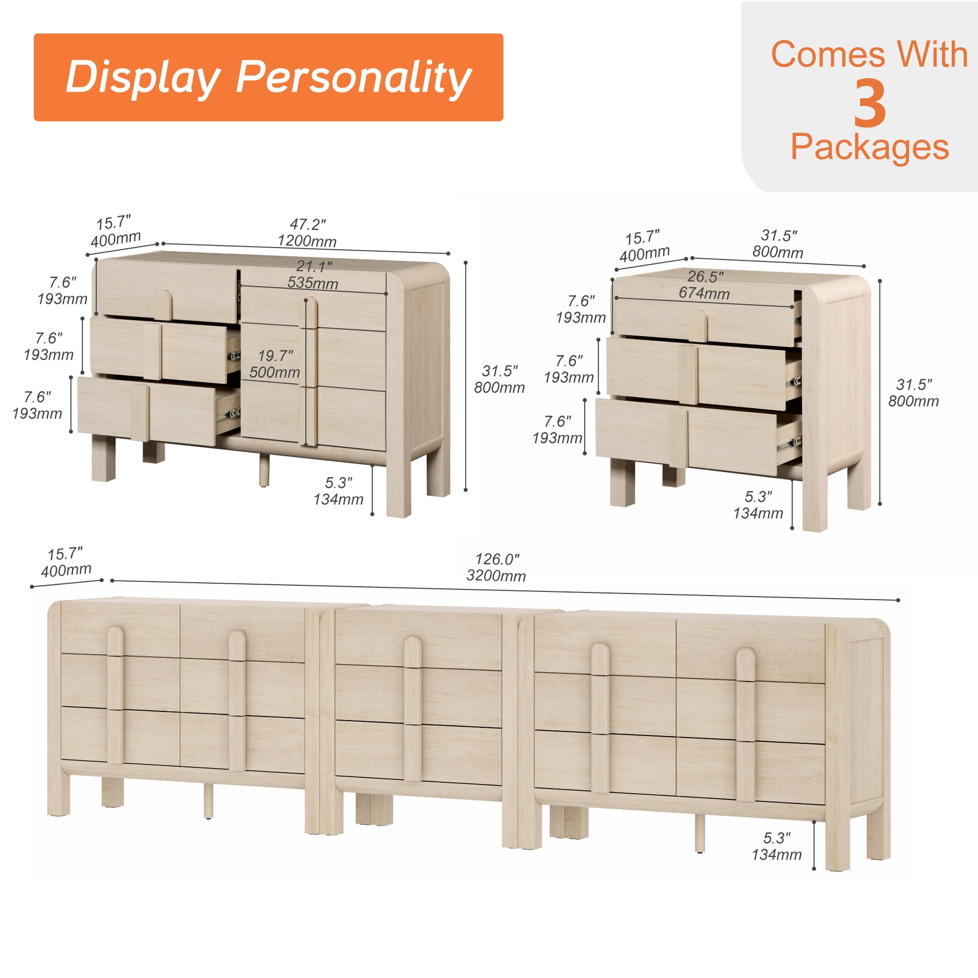 Modern Dresser TV Stand for TVs up to 120 inch, 3-in-1 Wood Media Console Table with 15 Drawers, Mid Century Entertainment Center with Storage for Living Room Bedroom