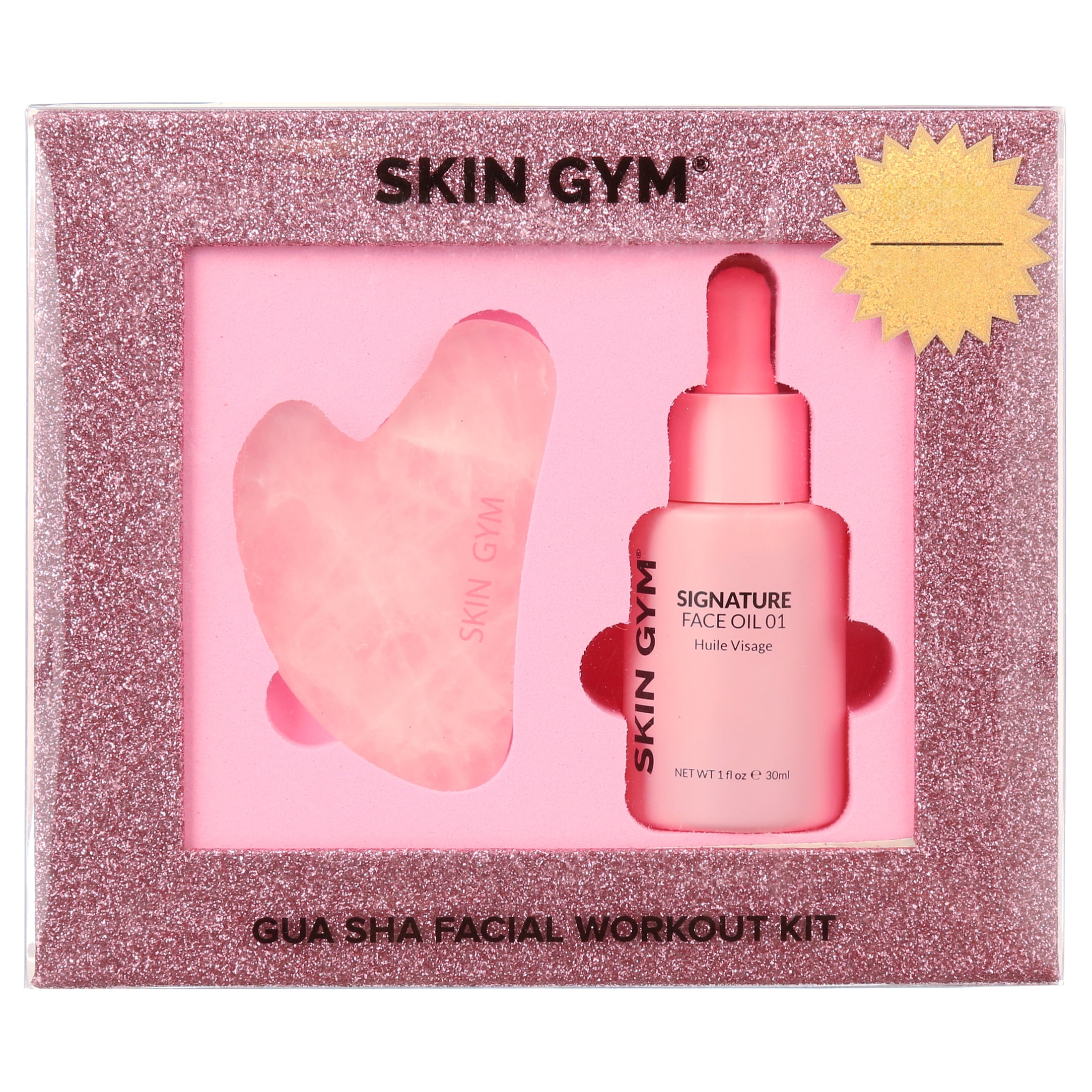 Skin Gym Rose Quartz Gua Sha Workout Kit, Rose Quartz Sculpty Heart Gua Sha + Signature Face Oil Value Added Kit for Glowing, Radiant Skin, 1 fl oz.