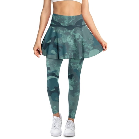 COEQINE Women Yoga Skirted Legging Fashion Breathable Elastic Tennis Leggings with Skirts Green Camo and Tie-Dye Print Comfy Golf Pickleball Skort Pants with Pockets 2XL