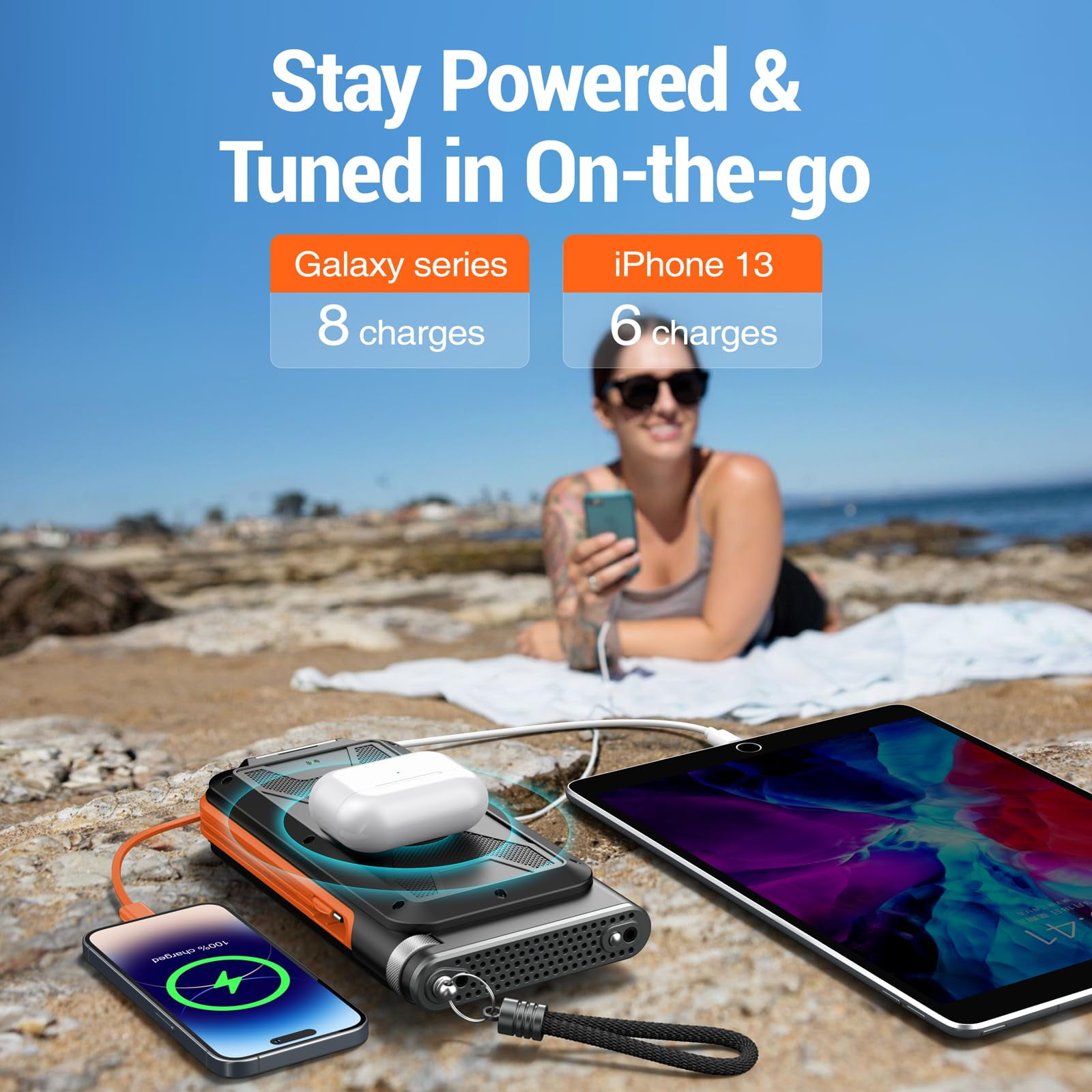 36800mAh,Power Bank with FM Radio, 15W QC 3.0 Fast Charging, Wireless Charger, Bright Flashlight, for Smartphones & USB Devices(Orange).