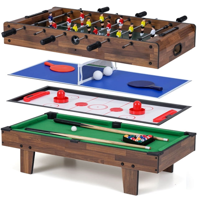 Costway 4 in 1 Multi Game Table with Stackable Tabletops of Billiards, Air Hockey, Foosball Natural
