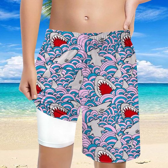 FUZHIQ Boys Swim Shark Print Trunks With Compression Liner Boy Bathing Suit Quick Dry Beach Swimsuit Toddler Swim Shorts,8 Years