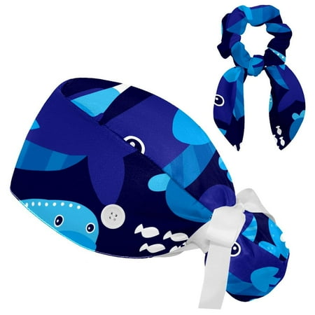 

Working Cap with Buttons and Sweatband Scrub Hat Bouffant Caps with Scrunchie Whale Tie Back Hats