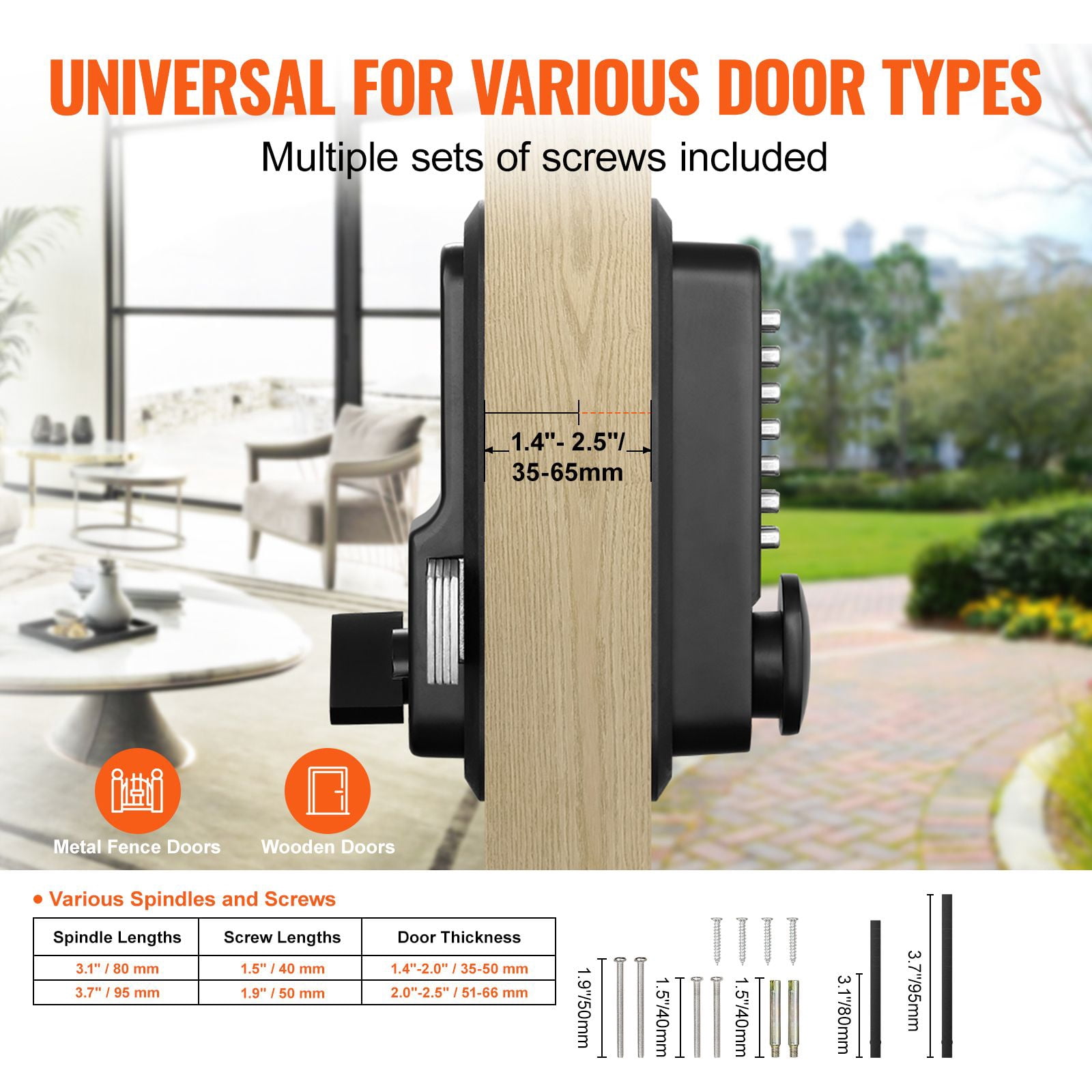 Mechanical Keyless Door Lock, Gen2 with Adjustable Handles, Surface Mount 1.4-2.5 Inch Door Compatibility, Zinc Alloy, No Batteries for Gate Garden Garage