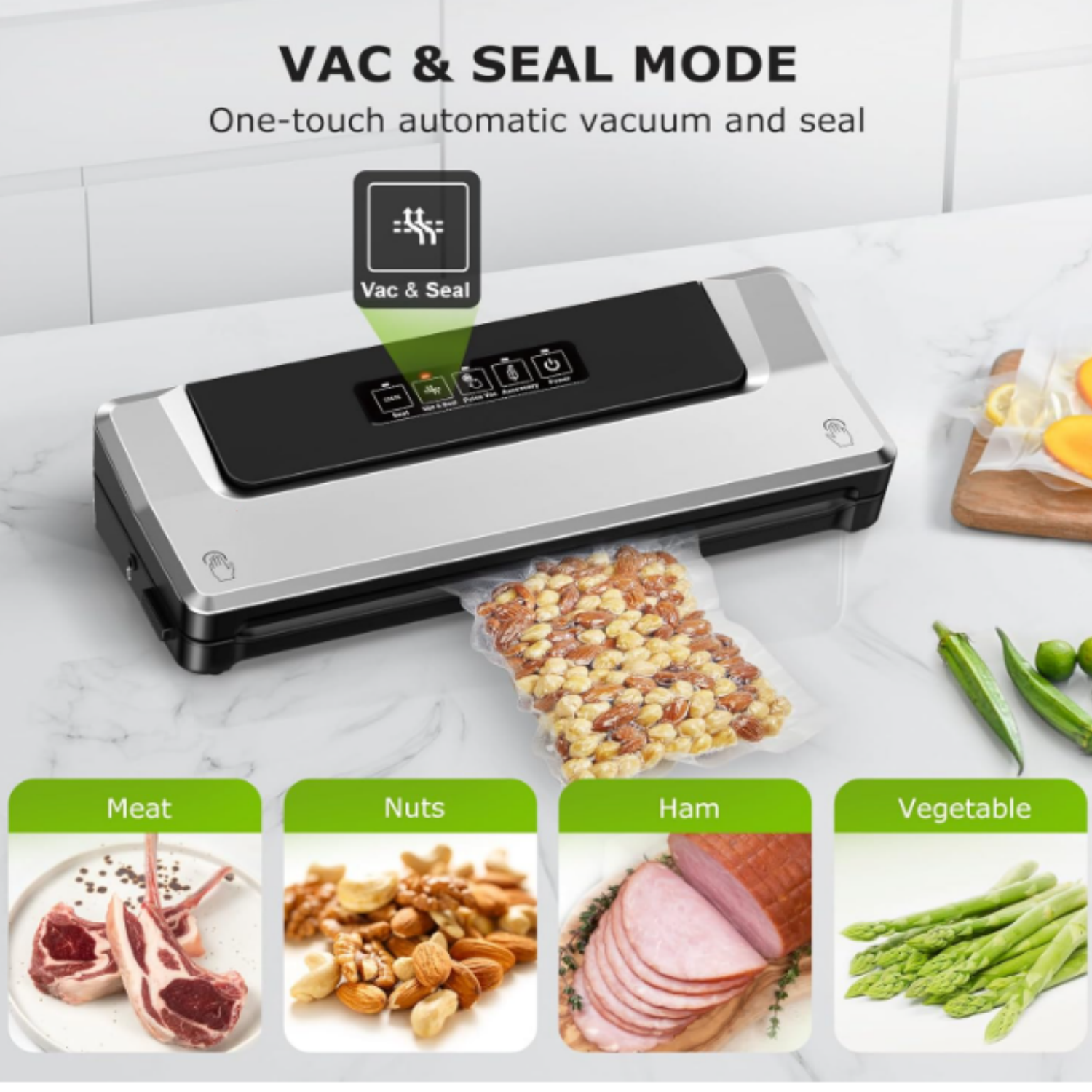 Vacuum Sealer Machine with Mason Jar Sealer Kit | Compact Food Sealer for Kitchen Storage & Meal Prep | Multiple Modes​​ | External Vacuum System & 40 Vacuum Bags, Silver