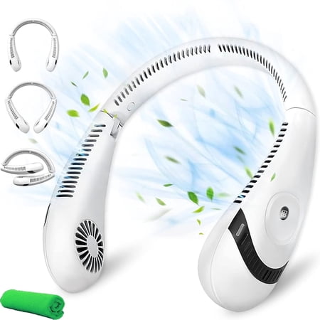 Portable Bladeless Neck Fan, Folding Neck Fan with 5000mAh Battery, 3 Speeds, White with Digital