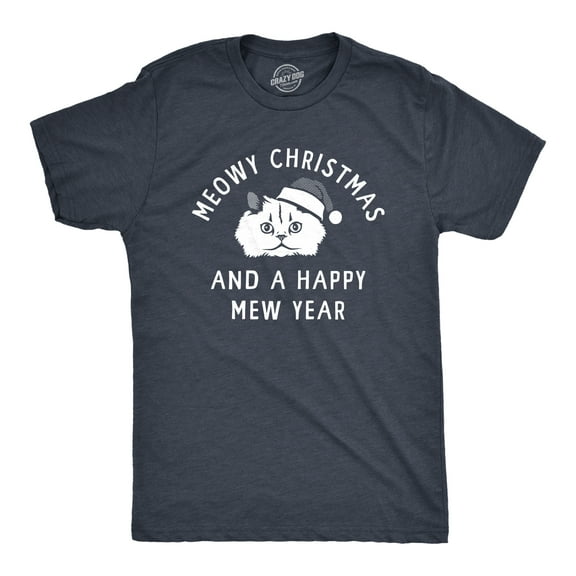 Mens Meowy Christmas and A Happy Mew Year T Shirt Funny Xmas Kitten Lovers Tee for Guys Graphic Tees