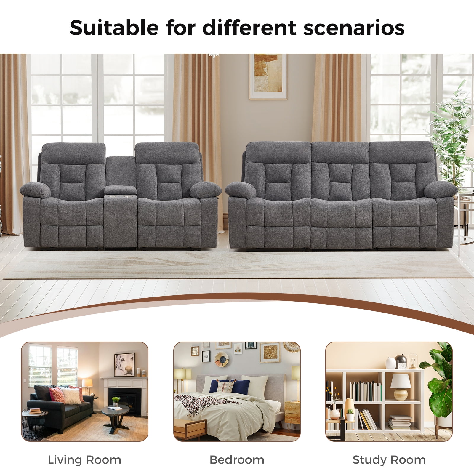 Bonzy Home 2-Piece Recliner Sofa Set — Reclining Loveseat & Extra-Wide 3-Seat Bonded Fabric Sofa, Gray