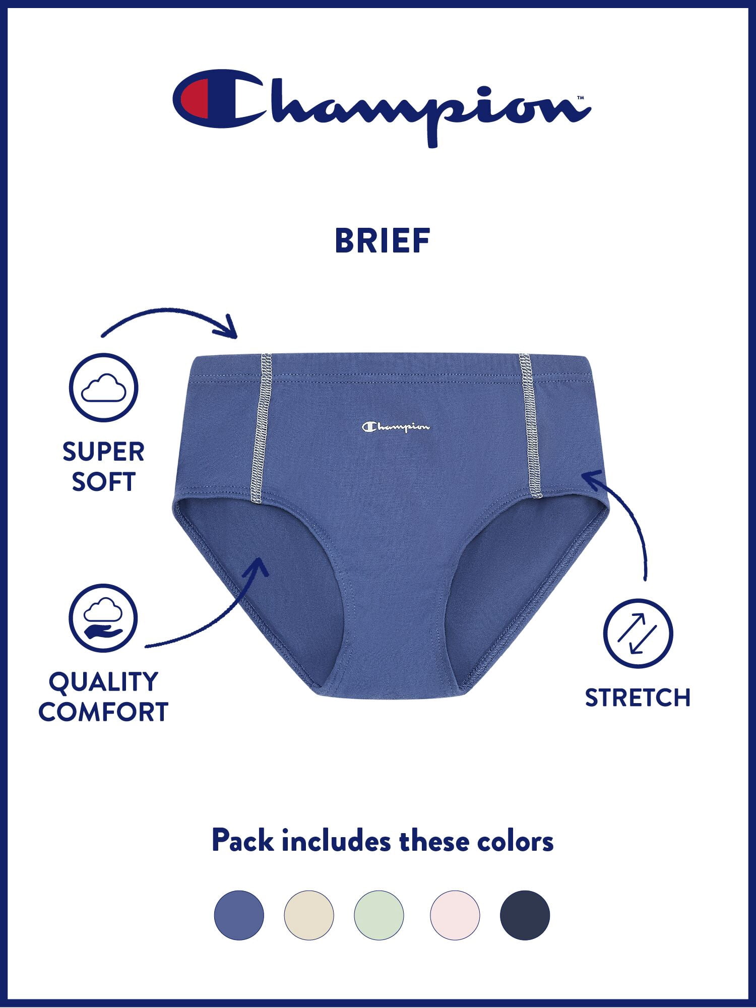 Champion Girls’ Softest Touch Classic Briefs, 5 Pack, Sizes XS–XL