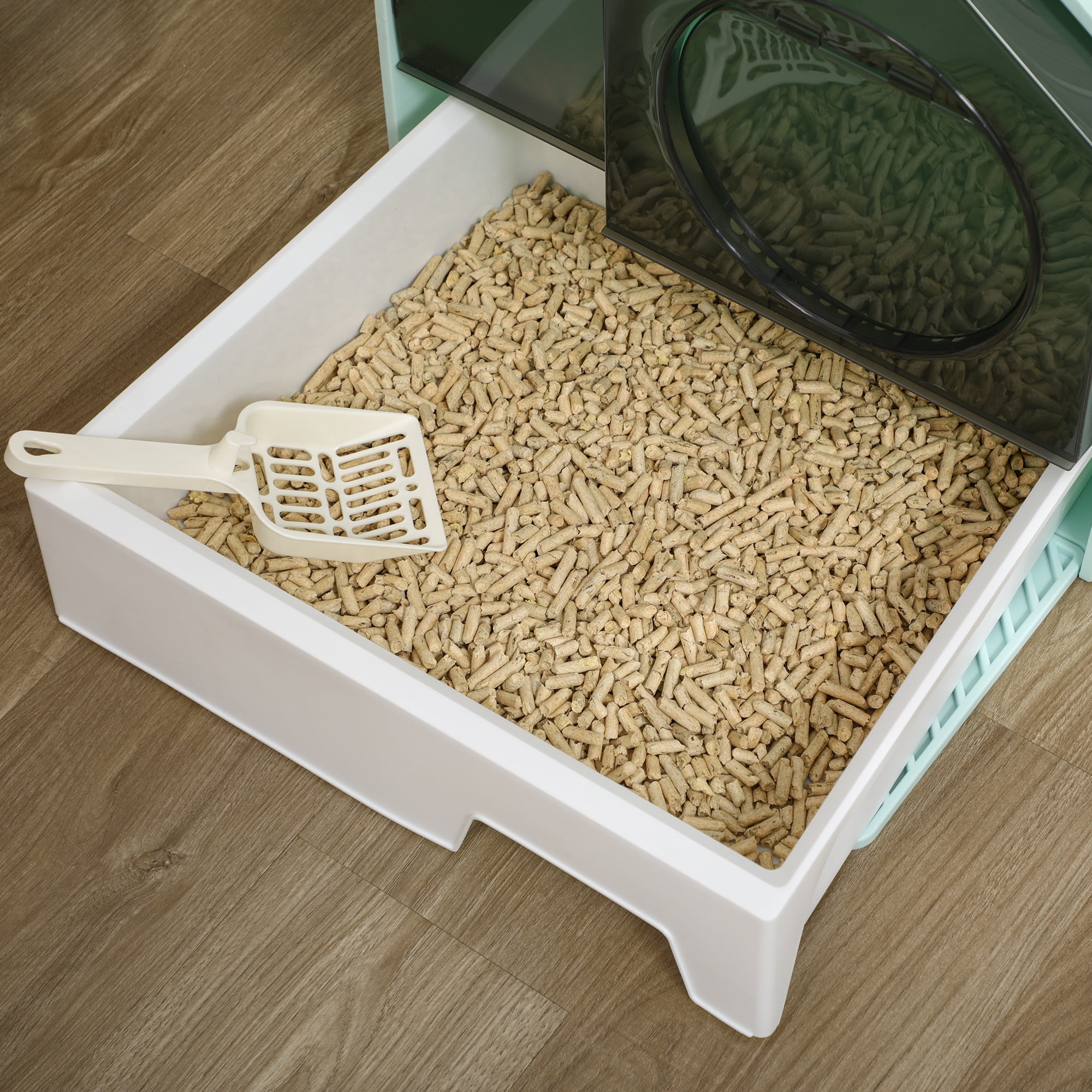 Hooded Cat Litter Box with Litter Mat Odor Control Pull-Out Drawer Handle Scoop Enclosed Kitty Litter Pan Light Blue