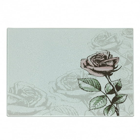 Rose Cutting Board, Victorian Antique Design Sketchy Stem with Blossom and Faded Flourish, Decorative Tempered Glass Cutting and Serving Board, Small Size, Pale Green Pale Pink, by Ambesonne