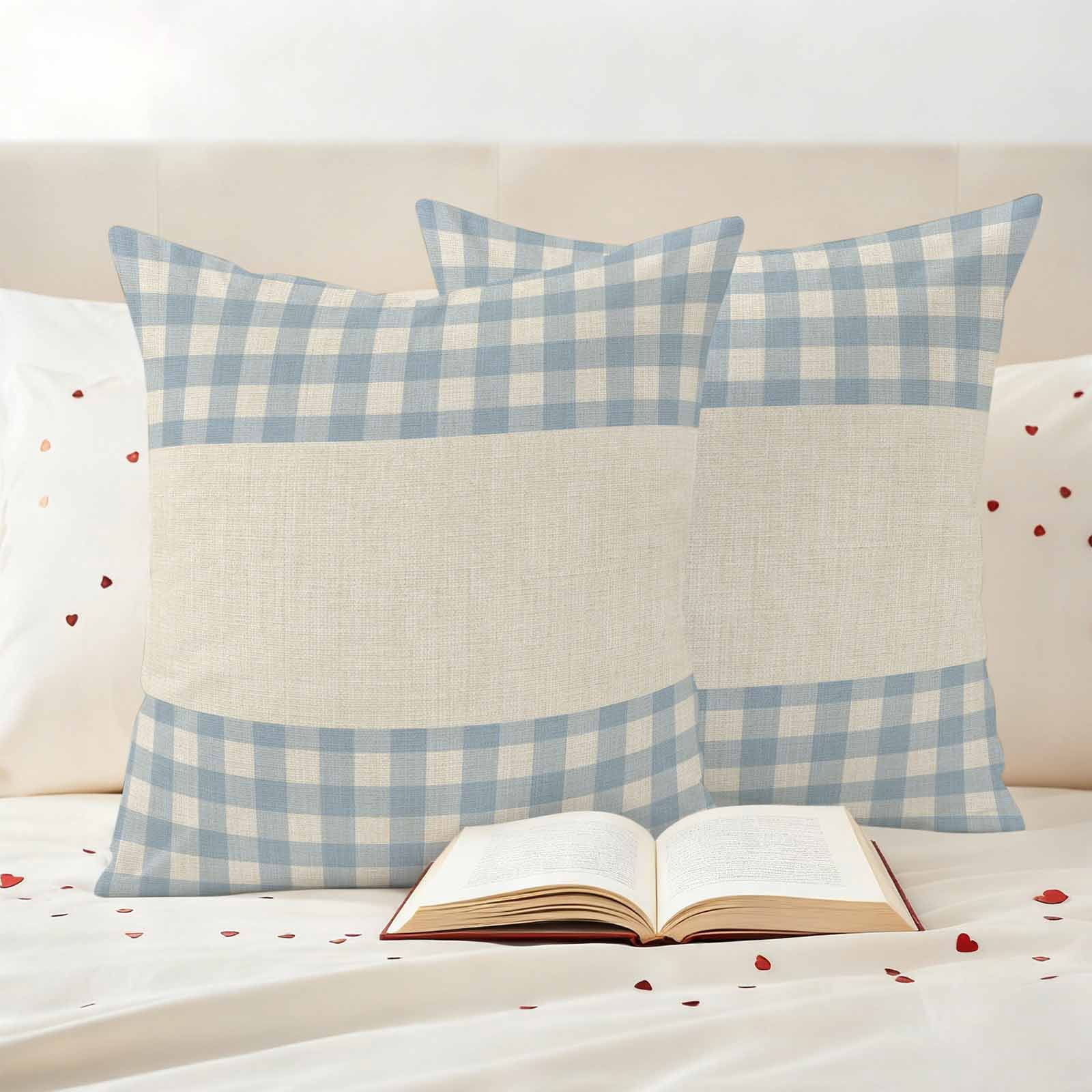 Blue Plaid Outdoor Pillow Covers Set of 2 Retro Country Blue Plaid Linen Texture Waterproof Throw Pillow Cover Decorative Cushion Cases for Patio Porch Garden 26X26 Inch