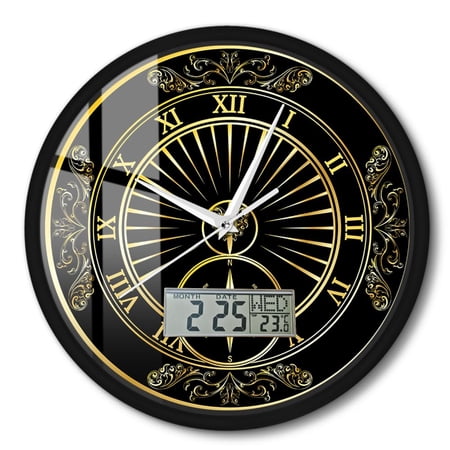 Vintage Roman Numerals Wall Clock with Temperature Calendar Date Week LCD Display