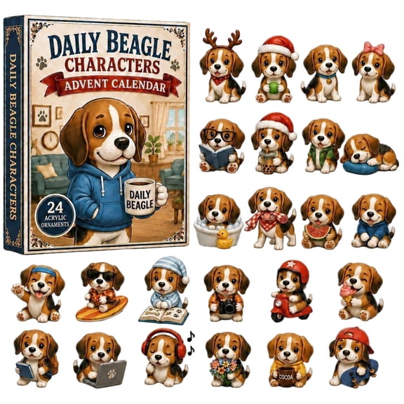 CQHVKQ Christmas Beagle Advent Calendar 2026, 24 Days Christmas Countdown Calendar of Puppy Surprise, Daily Themed 2D Acrylic Beagle Ornaments Advent Calendar for Dog Lover Gifts, Xmas Tree Decor
