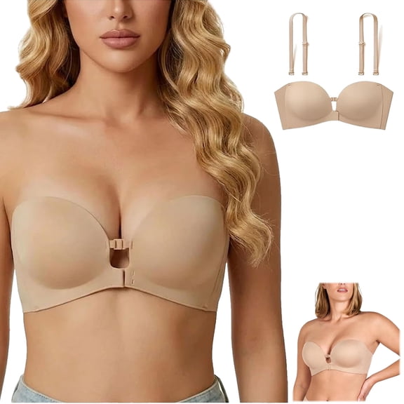 Strapless Front Closure Push Up Bra,Wireless Padded Non Slip Bra