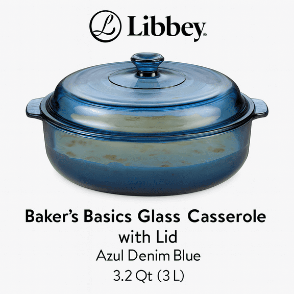 Libbey Baker’s Basics 3.2-Quart Azul Denim Blue Glass Casserole Dish, with Lid