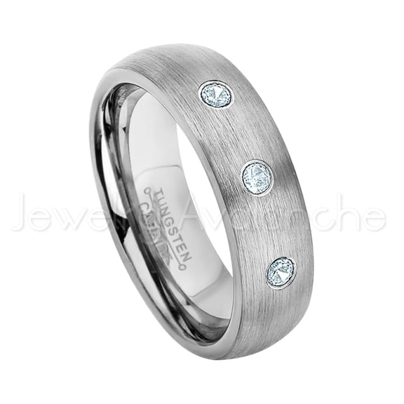 6mm Brushed Dome Tungsten Ring - 0.21ctw Aquamarine 3-stone Band - Personalized Tungsten Wedding Ring - Custom Made March Birthstone Ring TN060BS