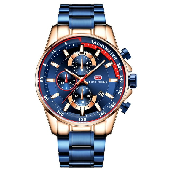 MINI FOCUS MINI FOCUS MF0218G Montre à Quartz pour Homme avec Triple sous-Cadrans, Affichage de la Date, Résistance à l'Eau 3 Atm, Aiguilles Lumineuses, Cadran Bleu et Bracelet en Acier Inoxydable