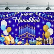 Happy Hanukkah Backdrop 5.9x3.6ft Jewish Hanukkah Backdrop Colorful Polyester Candles Balloons Gifts Star of David Banner Decorations Hanukkah Theme Backdrop