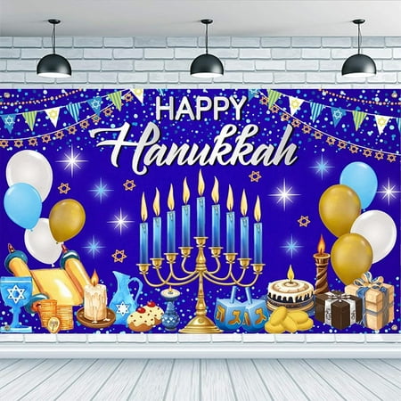 Happy Hanukkah Backdrop 5.9x3.6ft Jewish Hanukkah Backdrop Colorful Polyester Candles Balloons Gifts Star of David Banner Decorations Hanukkah Theme Backdrop