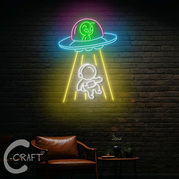 C-CRAFT Alien Astronaut UFO Neon Led Light Up 30 inch for Kid Bedroom Home Bar Wall Decor