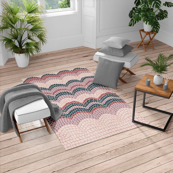 Tiles Turkish Area Rug, Gradient Colored Mosaic Waves Setting Antique Roman Royal Dated Retro Patterns, Soft Carpet for Living Room Decor with Distressed Look, 6.6' X 9.6', Dark Teal, by Ambesonne