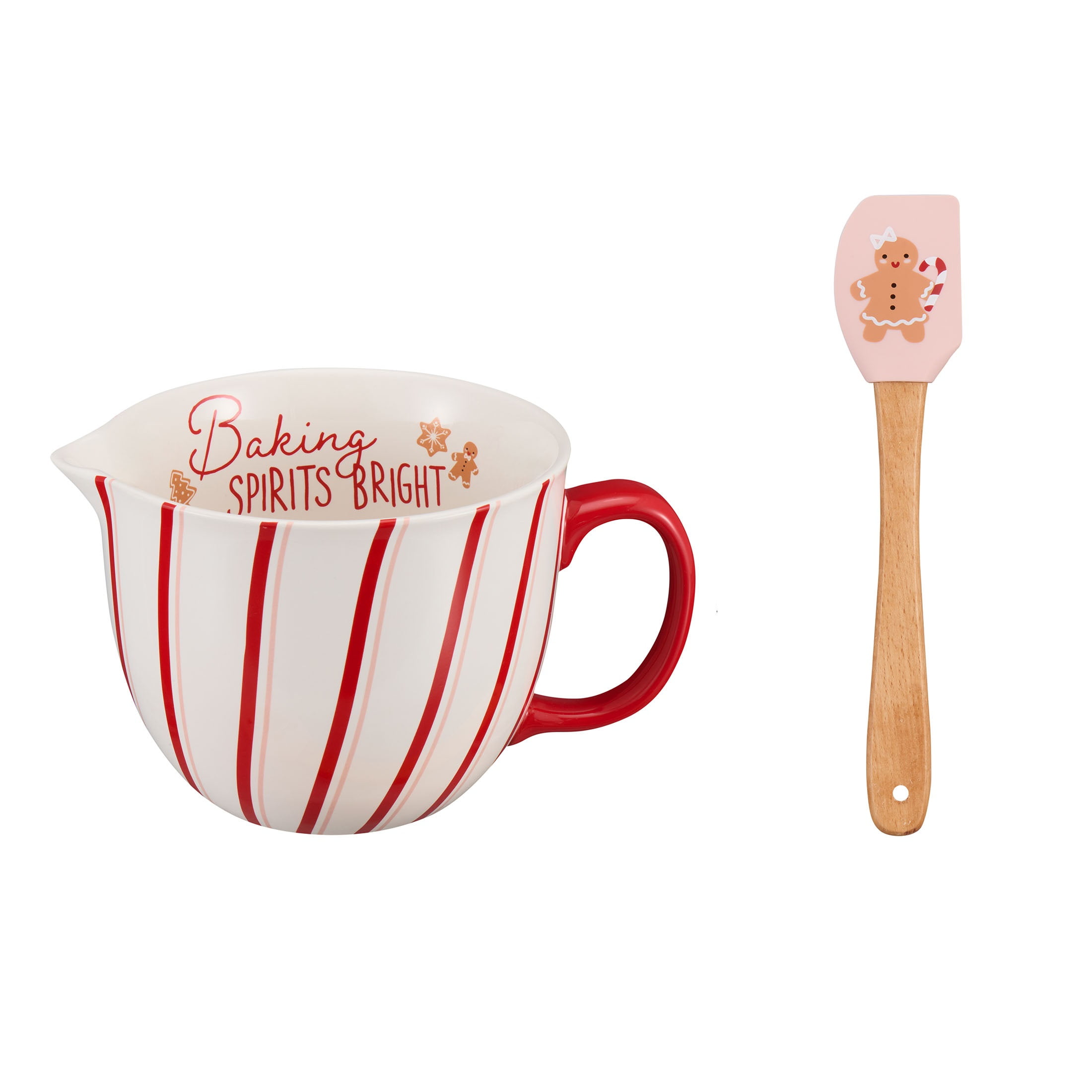 (2 pack) Holiday Time 2-Piece Stripes & Gingerbread Glazed Stoneware Batter Bowl & Spatula Set, Multicolor