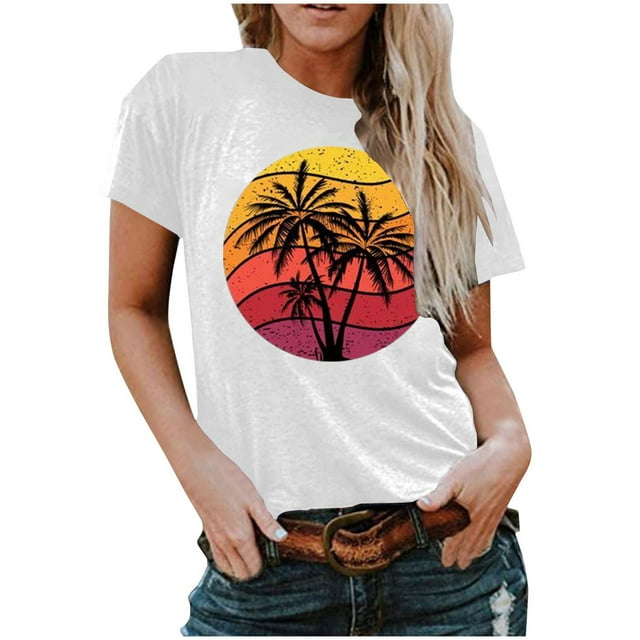 RKSTN T-Shirts Graphiques pour Femmes Col Rond Manches Courtes Blouse de Plage Hauts Aguichant Impression Régulière Chemises