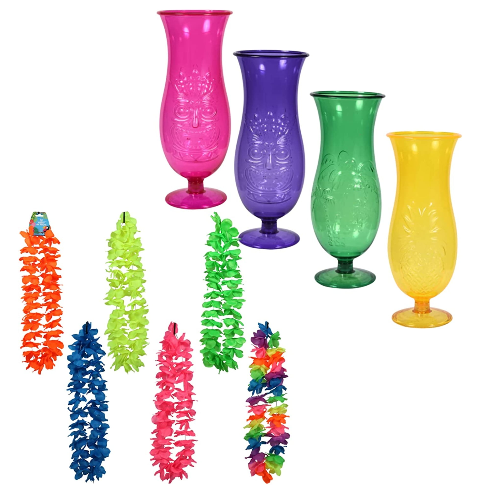 Plastic Luau Hurricane Glasses 24 oz. & Neon Colored Floral Leis 40 in