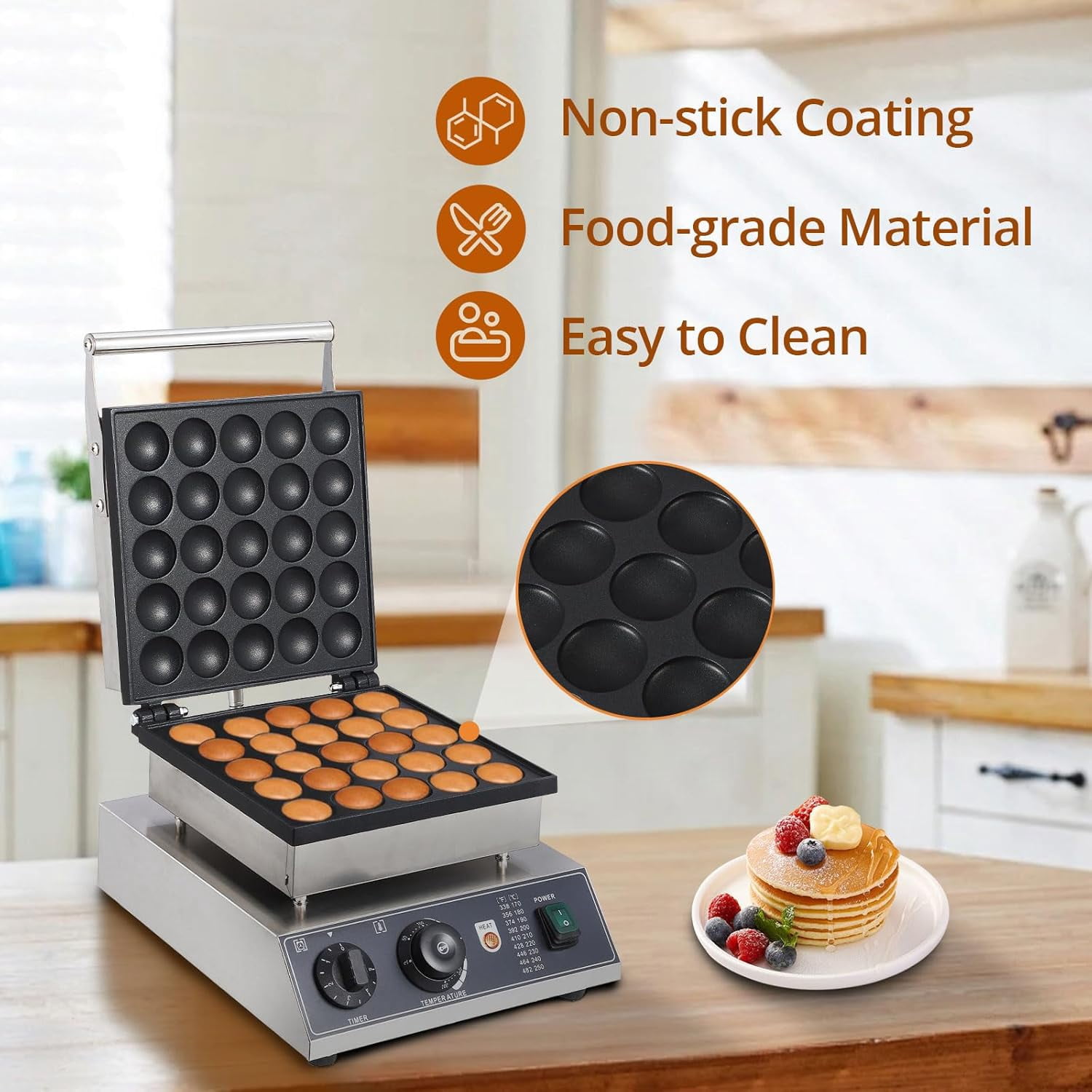 Commercial Round Muffin Maker 25 Hole Flip Top Non-Stick Waffle Maker Stainless Steel 110V Temperature and Time Control Heart Belgian Waffle Maker Ideal for Restaurant, Snack Bar and Home Use