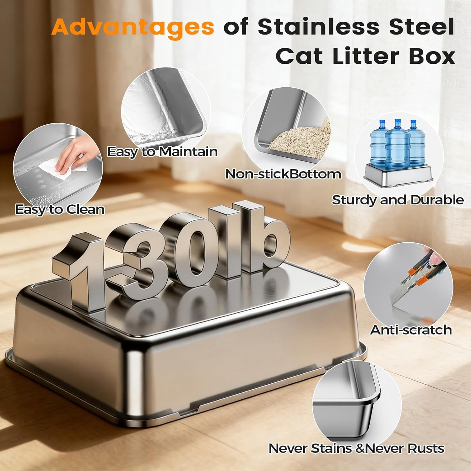 Stainless Steel Litter Box with Lid, Side Entry Large Enclosed Cat Litterbox for Kitty & Multi-Cat, Flip Cover Easy to Clean, High Sided Metal Cat Litter Pan with Scoop, Mat, Anti-Leakage, Non-Sticky