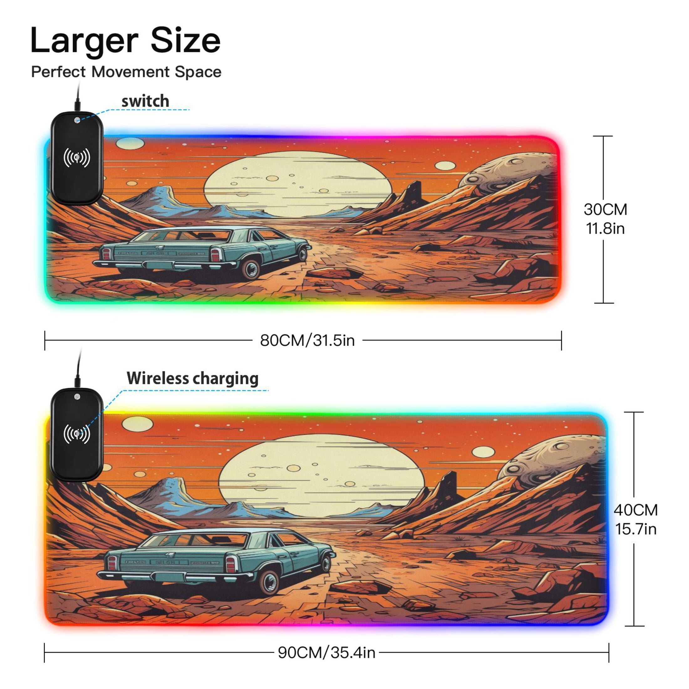 Wireless Charging Mouse Pad Large RGB Gaming Desk Mat 13 Light Modes Mousepad 31.5x11.8 Old Car and Sunset