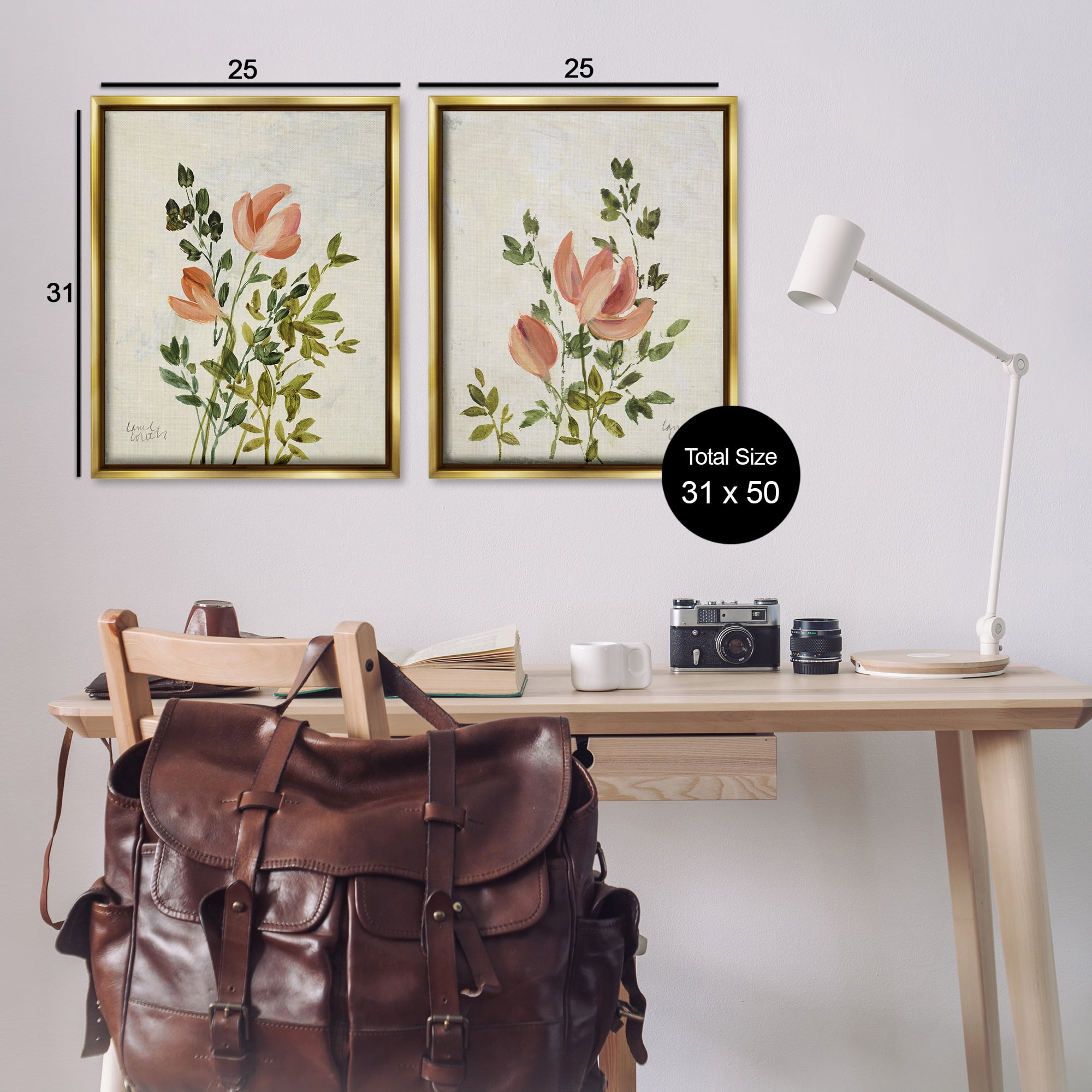 Stupell Industries Vintage Leaves & Bloom Floral & Botanical Painting Gold Floater Framed Canvas Art Print Wall Art, 31 x 25, Set of 2